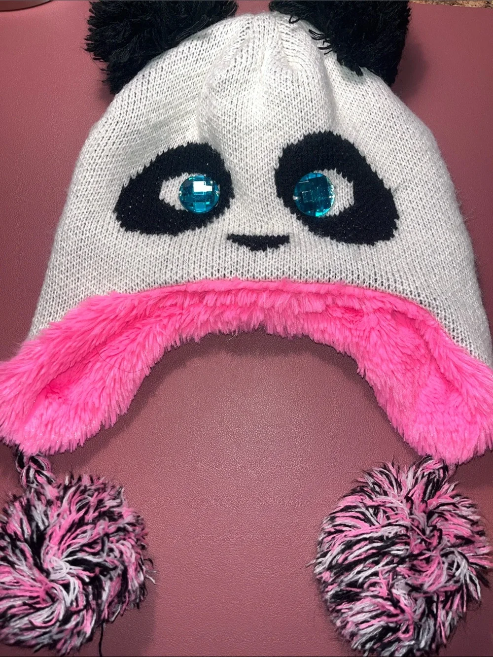 Kids Plush Panda Earflap Hat - White and Pink and a yellow hat with a snail